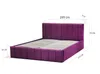 A purple upholstered bed frame with dimensions indicated by measurement lines and text. Produktbild-Vorschau