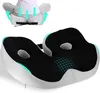 A product shot of an orthopedic seat cushion with an inset diagram showing its use. Produktbild-Vorschau