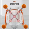 A top-down view of an orange and silver shower chair with red lines highlighting the five fixing points and text indicating features. Podgląd zdjęcia produktu