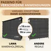 The image shows two different types of storage racks covered by black tarps, with text overlays highlighting features and compatibility. Produktbild-Vorschau