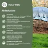 A tarp covering a pile of hay, with text describing the product's features. Produktbild-Vorschau