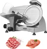 A VEVOR commercial meat slicer is shown with raw meat and sliced ham in the foreground. Produktbild-Vorschau