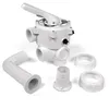 A white multi-port valve and associated plumbing components are arranged on a white background. Produktbild-Vorschau