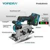 A diagram of a cordless circular saw with various parts labeled in German. Voir les images du produit