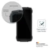 A black smartphone with a protective screen protector shown in a close-up view, with marketing text and icons. Produktbild-Vorschau