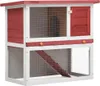 A two-tiered wooden hutch for small animals, painted red and white, with wire mesh panels and a ramp. Produktbild-Vorschau