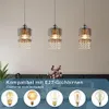 Three pendant lights are shown hanging above a sofa, with examples of compatible light bulbs displayed below. Anteprima dell’immagine prodotto