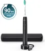 A black electric toothbrush with its charging base and travel case, set against a white background. A circular graphic with text is also present. Produktbild-Vorschau