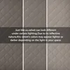 Three panels showing quilted velvet fabric in different lighting conditions, with text explaining how lighting affects the color. Anteprima dell’immagine prodotto