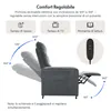 A collage showing a gray recliner chair with diagrams illustrating its reclining angles and a remote control. The text describes the chair's adjustable features. Anteprima dell’immagine prodotto