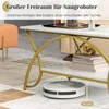 A robot vacuum cleaner is shown underneath a coffee table, demonstrating the clearance space. Produktbild-Vorschau