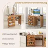Collage showing a wooden sewing table in different configurations and a kitchen storage unit. Podgląd zdjęcia produktu