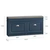 A blue shoe cabinet with a gray cushion on top, shown with dimensions indicated by measurement lines and text. Produktbild-Vorschau