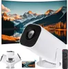 A projector displaying a scenic mountain landscape, with the projector and accessories shown in the foreground. Produktbild-Vorschau