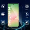 A screen protector is shown on top of a smartphone, with feature callouts around it. Produktbild-Vorschau