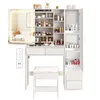 A white vanity table with a mirror and storage, along with a stool. Produktbild-Vorschau