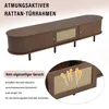 A collage of a dark wood TV stand with rattan accents. The top portion shows the full product with text overlays, and the bottom portion provides a close-up of the rattan doors and airflow arrows. Podgląd zdjęcia produktu