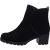 A black suede ankle boot with a block heel, shown from the side against a white background. Produktbild-Vorschau