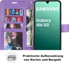 A purple wallet-style phone case open to reveal credit cards, cash, and a phone displaying the Samsung logo and 'Galaxy A16 5G'. Produktbild-Vorschau