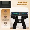 A black side table with a tablet and smartphone charging on top, and a close-up of the charging ports and cable length. Produktbild-Vorschau