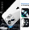 A clear phone case is shown on a dark, rocky surface with a starry background. Inset images highlight the case's protective features. Produktbild-Vorschau
