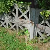 Water flowing from a hose into a green funnel attached to a concrete fence. Náhled obrázku produktu