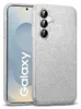 A close-up, angled view of a silver glitter phone case on a white background. The phone inside the case is partially visible, showing the 'Galaxy' logo. Voir les images du produit