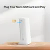 A white LTE router is shown on a wooden surface, with a SIM card being inserted into it. Text above indicates 'Plug Your Nano SIM Card and Play'. Náhľad obrázku produktu
