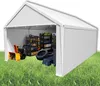 A white storage tent with various items inside, including a snowblower, shelves with supplies, and tires, set on a grassy lawn. Produktbild-Vorschau