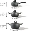 Three pots of different sizes are shown with their dimensions and capacities. Produktbild-Vorschau