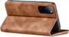 A brown leather flip case for a Samsung Galaxy S20 FE phone, shown from the back with the camera module visible. Produktbild-Vorschau