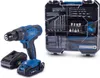 A cordless drill with a battery pack and a clear plastic case containing various drill bits and accessories are displayed against a white background. Voir les images du produit
