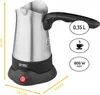 A stainless steel electric coffee maker with a black base and handle, shown against a white background with measurement indicators and technical specifications. Produktbild-Vorschau