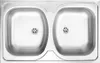 A top-down view of a stainless steel double sink with drains. Podgląd zdjęcia produktu