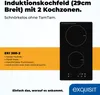 A black induction cooktop with two cooking zones is shown on a white and orange background, with marketing text and a brand logo. Produktbild-Vorschau