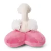 A plush toy of a white swan with pink legs and white fluffy trim around its neck, shown from the back. Produktbild-Vorschau