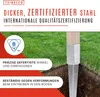 A metal ground post anchor driven into the soil next to a grassy area, with marketing text and a certification logo. Produktbild-Vorschau