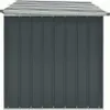 A dark gray garden storage box with a silver roof, shown from the front. Voir les images du produit
