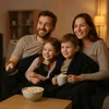 A family of four is watching TV together, covered by a blanket, with popcorn and a mug of hot chocolate. Produktbild-Vorschau
