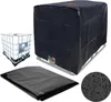A collage of images showing an IBC water tank, a black cover for it, and a folded black cover, with a close-up of water droplets. Produktbild-Vorschau