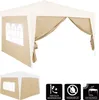 A beige and white gazebo with windows and draped sides, shown from a slightly elevated angle. A smaller inset image shows the gazebo from a lower angle. Three icons with text are displayed below. Produktbild-Vorschau