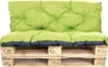 A pallet sofa cushion set in lime green and gray, placed on a wooden pallet. Produktbild-Vorschau