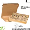 A collage of images showing a pizza box, including a dimension indicator and a certificate badge. Produktbild-Vorschau