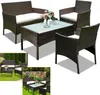 A collage of images showing a brown rattan garden furniture set with white cushions, displayed in different settings. Podgląd zdjęcia produktu