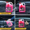 A collage of four images showing the process of adding coolant to a car engine. Produktbild-Vorschau