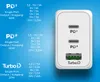 A white charger with two USB-C ports and one USB-A port, shown with its specifications listed on the left. Produktbild-Vorschau