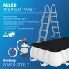 A marketing image showing a Bestway Power Steel frame pool set with its accessories against a blue background. Produktbild-Vorschau