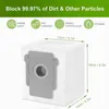 A vacuum cleaner dust bag with dimensions and feature icons. Produktbild-Vorschau