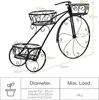 A diagram showing the dimensions of a black metal bicycle-shaped plant stand with three baskets. Produktbild-Vorschau