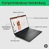 A black HP Spectre x360 convertible laptop is shown at an angle, with various callouts highlighting its features. The background is plain white, and there is a green banner at the top with German text. Produktbild-Vorschau